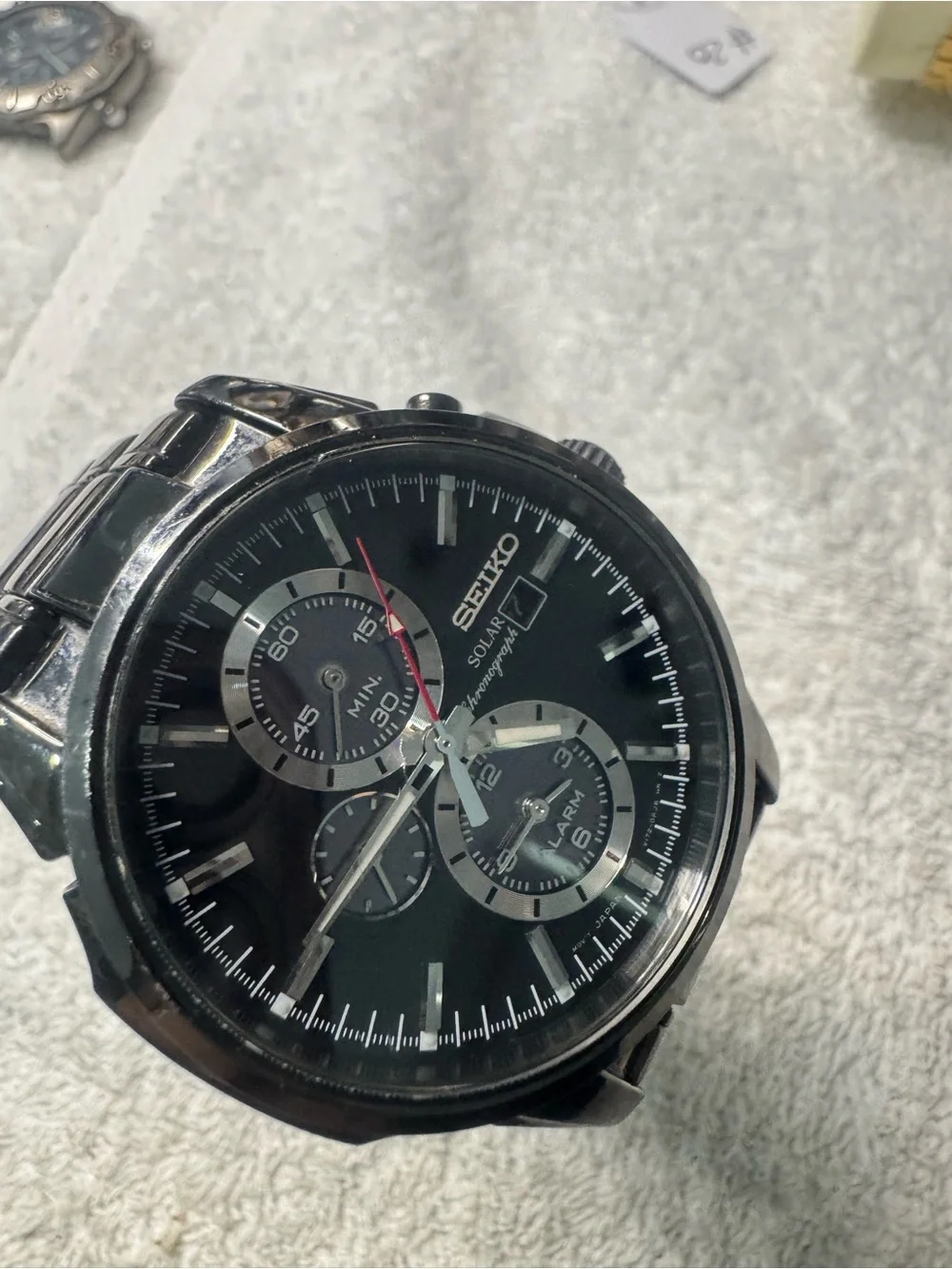 Seiko Black Dial Solar Chronograph Watch with Red Seconds Hand